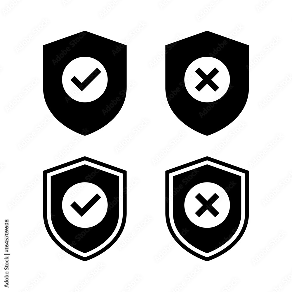 Poster defense shield icon set. check and cross mark symbol. verification badge concept