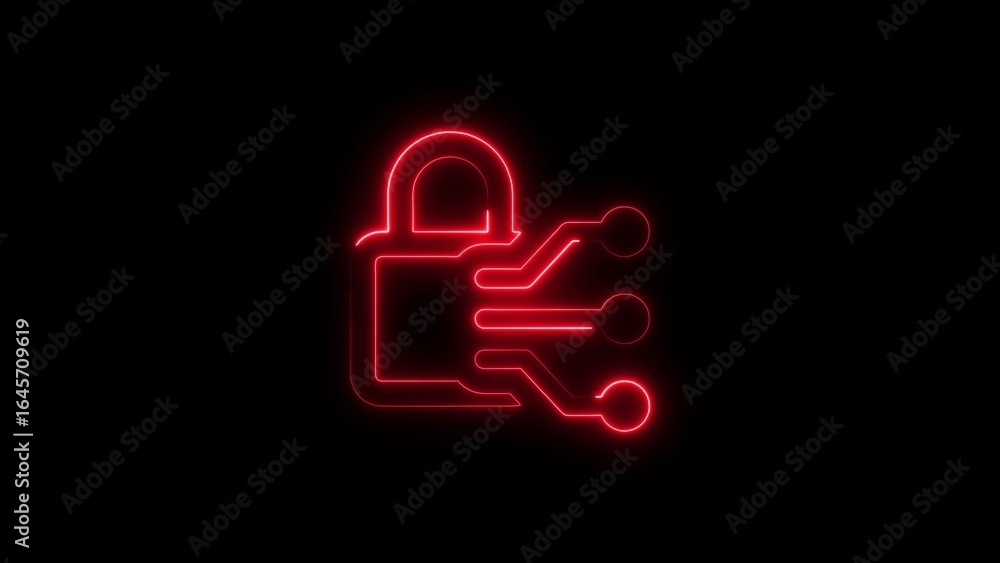 Poster glowing neon red digital lock with circuitry on black background for security themes