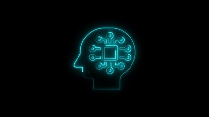 Obraz premium Neon style illustration of a human head with integrated circuit representing ai