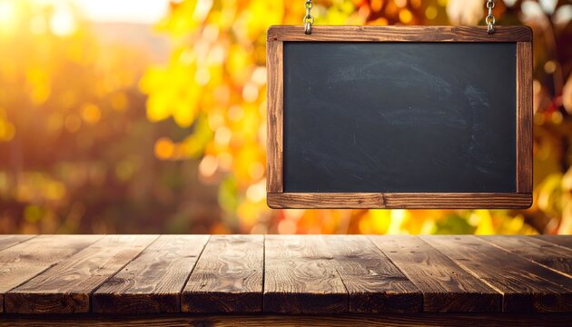 Blank chalkboard for a menu over a rustic wooden table against a sunny autumn festival background. - Powered by Adobe