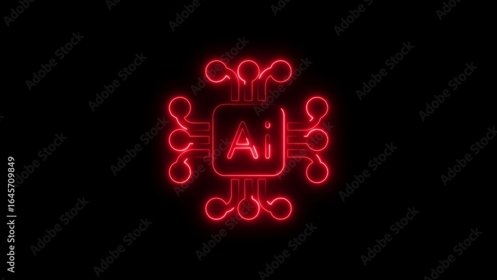 Poster glowing red neon ai chip symbolizing artificial intelligence and technological advancements