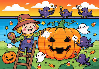 Cartoon halloween scene with scarecrow, pumpkin, ghosts, and crows painting