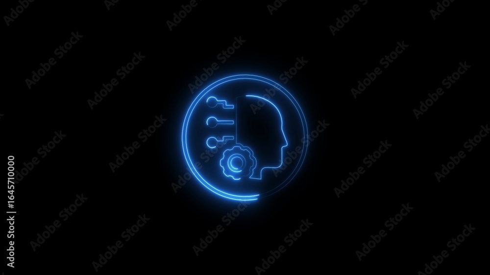 Poster glowing neon artificial intelligence icon depicting neural networks and digital brain power