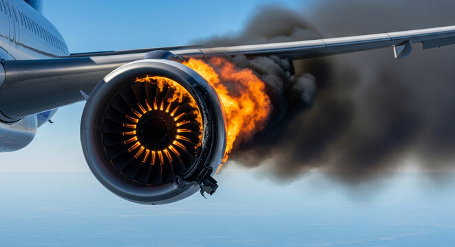 Close-up of passenger plane engine fire during flight, aircraft accident and emergency with smoke