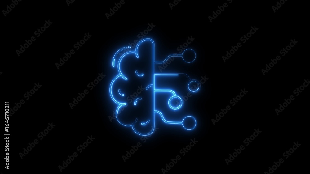 Poster illuminated neon brain illustrating artificial intelligence and technological innovation on black ba