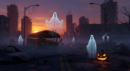 Halloween scene with ghosts and jack-o'-lantern in a ruined cityscape