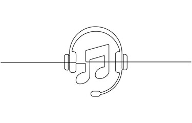 Continuous one line drawing of headphones speaker with music notes, vector.