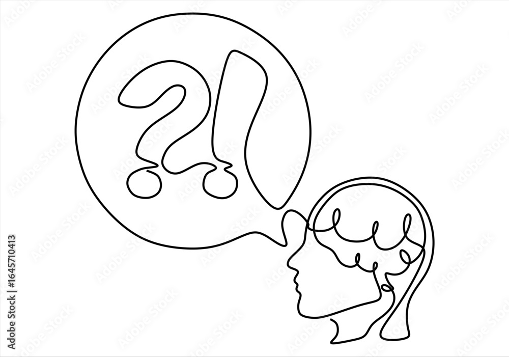 Poster human head with question mark, exclamation point. man confused . line icon-continuous line drawing. 