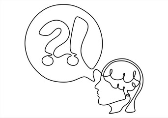 Human Head with Question Mark, Exclamation Point. Man Confused . line icon-continuous line drawing. Editable stroke. 
