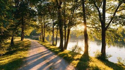 Obraz premium Sun-drenched path beside a serene lake.