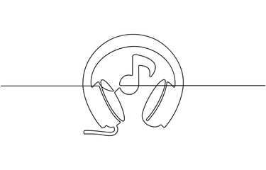 Continuous one line drawing of headphones speaker with music notes, vector.