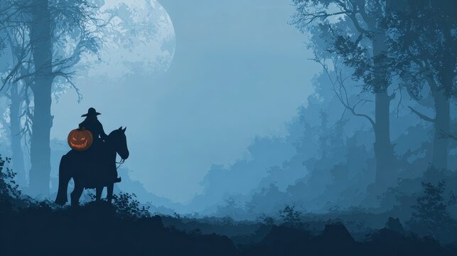 Headless Horseman Halloween Banner Holding Glowing Pumpkin Head ,Happy halloween, halloween banner, halloween banner with copy space for text. 