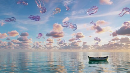 Surreal jellyfish float through pastel sky above calm ocean with lone boat at sunset