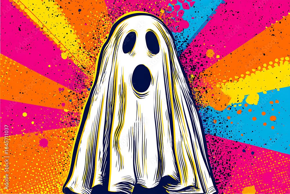 Poster a playful ghost illustration with vibrant colors and dynamic background patterns