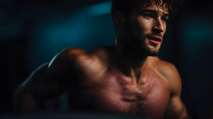 Shirtless man running intensely on treadmill indoors