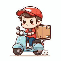Vector image of a cute courier carrying a package on a motorbike