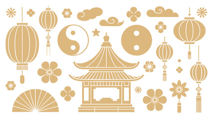 Golden asian cultural icons featuring lanterns pagoda yin yang and floral motifs