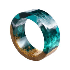 Ocean Wave Resin Ring Teal, Gold, and Wood Statement Jewelry