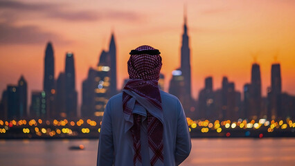 Rear view of an Arab man in traditional headwear looking at a modern city skyline, symbolizing vision and the future at sunset.