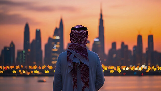 Rear view of an Arab man in traditional headwear looking at a modern city skyline, symbolizing vision and the future at sunset. - Powered by Adobe