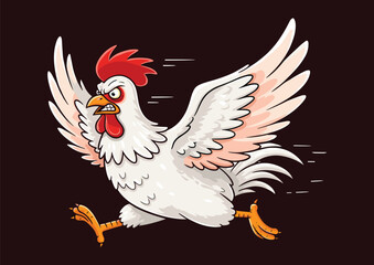 Obraz premium Angry cartoon chicken running with wings raised, furious rooster illustration, fast farm bird clipart, aggressive poultry mascot, funny animal artwork design