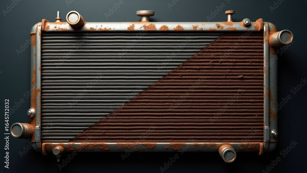 Poster rusted radiator with a diagonal split of rust and metal.