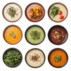 A Colorful Array of Gourmet Soups Featuring Fresh Ingredients and Vibrant Flavors in Elegant Bowls on transparent background