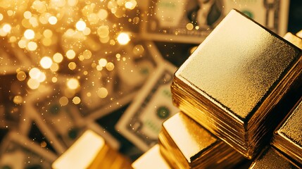 Front perspective at 70-200mm, centered gold stack with soft creamy bokeh on currency behind