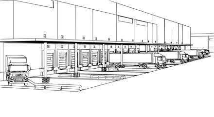 Line drawing of a warehouse with loading docks and trucks parked in a row in black and white vector art