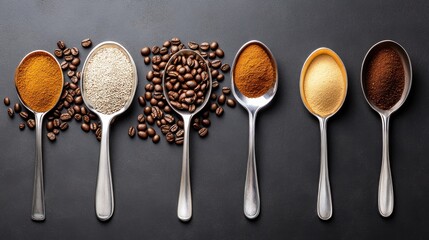 A visually appealing arrangement of coffee beans and powders in spoons on black background for an
