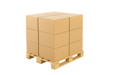Stacked cardboard boxes on wooden pallet with transparent background