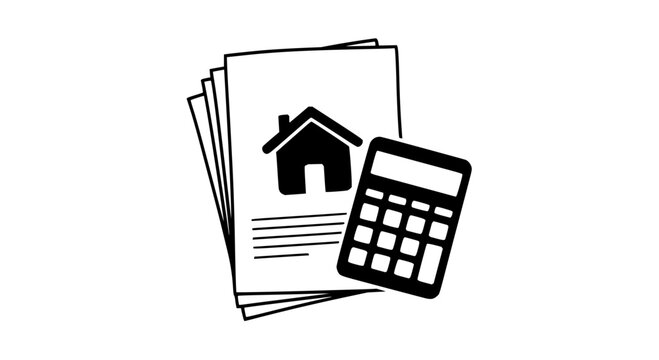 Illustration of a stack of papers with a house icon and a calculator for financial calculations and planning vector art