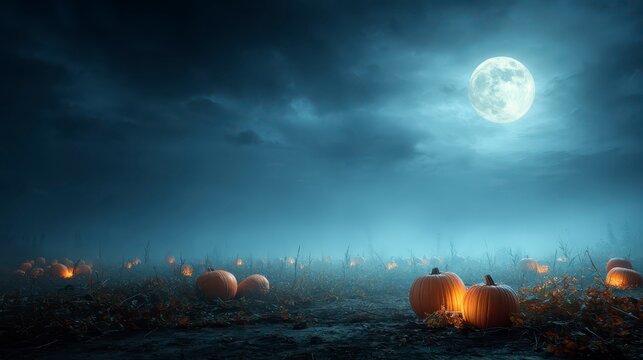 Pumpkin Patch Halloween Banner Under Full Moon Glow ,Happy halloween, halloween banner, halloween banner with copy space for text. 