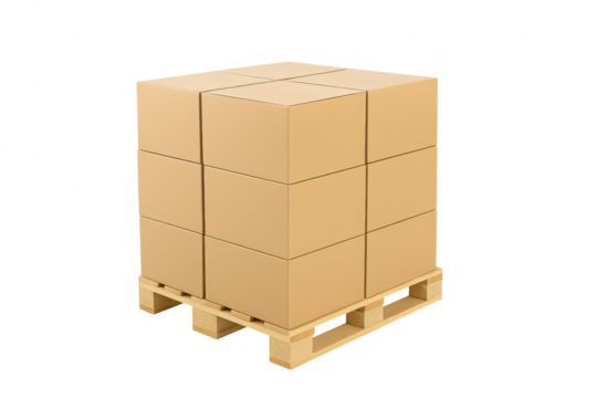 Stacked cardboard boxes on wooden pallet with transparent background