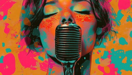 Retro Pop Art Collage Featuring Microphone And Grunge Singer: Vibrant Composition For Club Posters, Podcasts, And Magazines