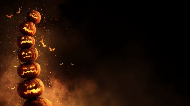 Pumpkin Tower Halloween Banner with Glowing Jack-o&rsquo;-Lanterns ,Happy halloween, halloween banner, halloween banner with copy space for text. 
