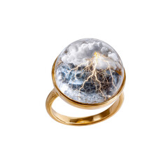Gold Ring with Stormy Sky Cabochon Artistic Jewelry Featuring Lightning and Clouds