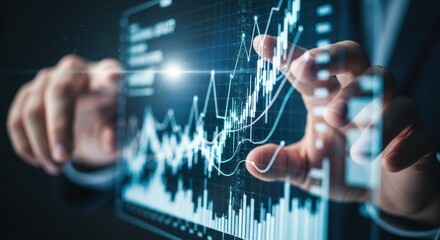Hands interacting with futuristic digital financial data analysis screen