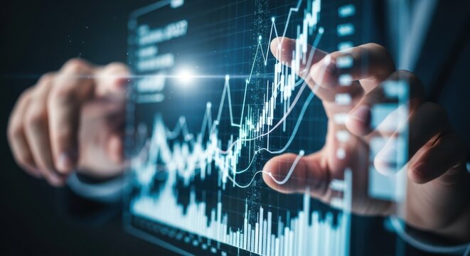 Hands interacting with futuristic digital financial data analysis screen