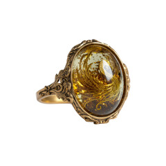 Antique Gold Ring with Intricate Design and Amber Stone Featuring a Bird