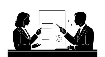 Business people reviewing a contract with pointers and signature area in black and white silhouette style vector art