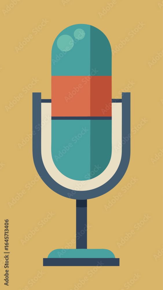 Poster a microphone is shown on a brown background. the microphone is red and blue. the microphone is a sym