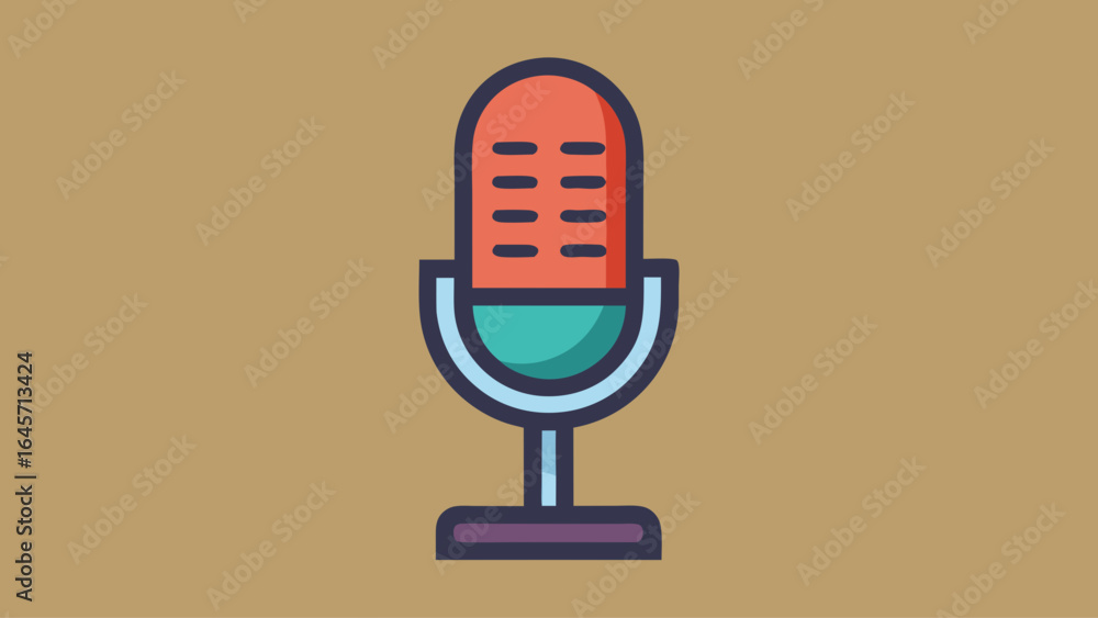 Poster a microphone is shown on a brown background. the microphone is red and blue. the microphone is a sym