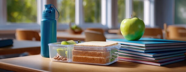The lunchbox on a classroom desk beside an apple and notebooks