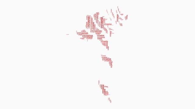 Faeroe Islands regions word cloud animation. Country logo animated video. Faeroe Islands colored text cloud. Regions typography style motion graphics. Artistic video.