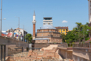 Banya Bashi Mosque in Sofia, Bulgaria, with Roman archaeological ruins in the foreground, under a...