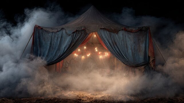 Spooky Carnival Tent Halloween Banner with Torn Fabric and Eerie Lighting ,Happy halloween, halloween banner, halloween banner with copy space for text. 
