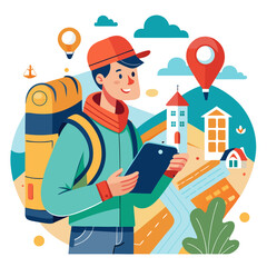 A man with a backpack is looking at a tablet. He is smiling and he is enjoying his time. The tablet is open to a map, and there are several buildings in the background