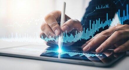 Person analyzing financial market data on a tablet with glowing digital graph overlay