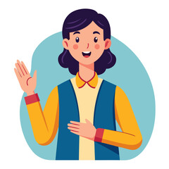 A woman is smiling and waving at the camera. She is wearing a yellow shirt and blue vest